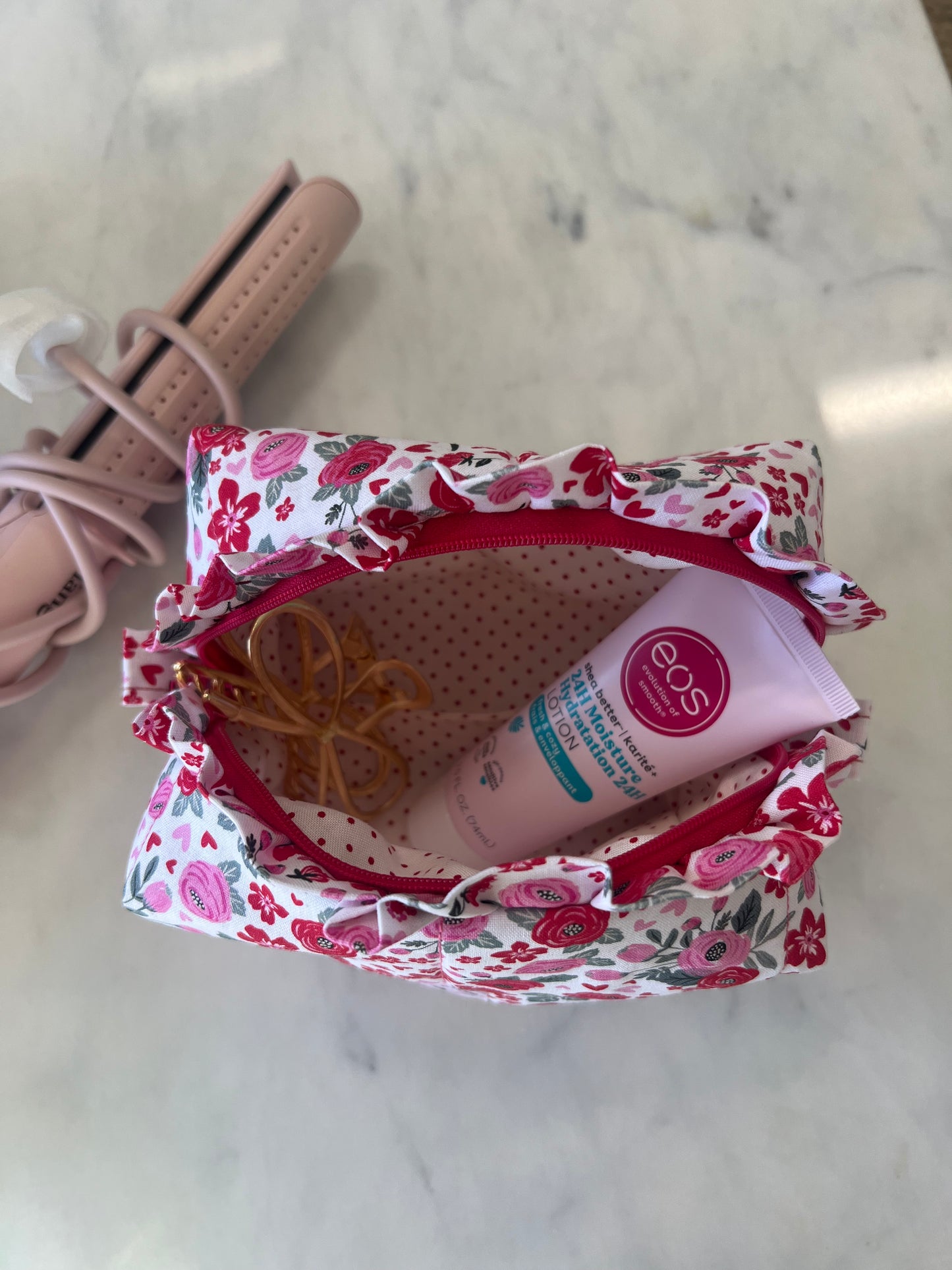 Small Ruffled Makeup Bag in Strawberry Fields