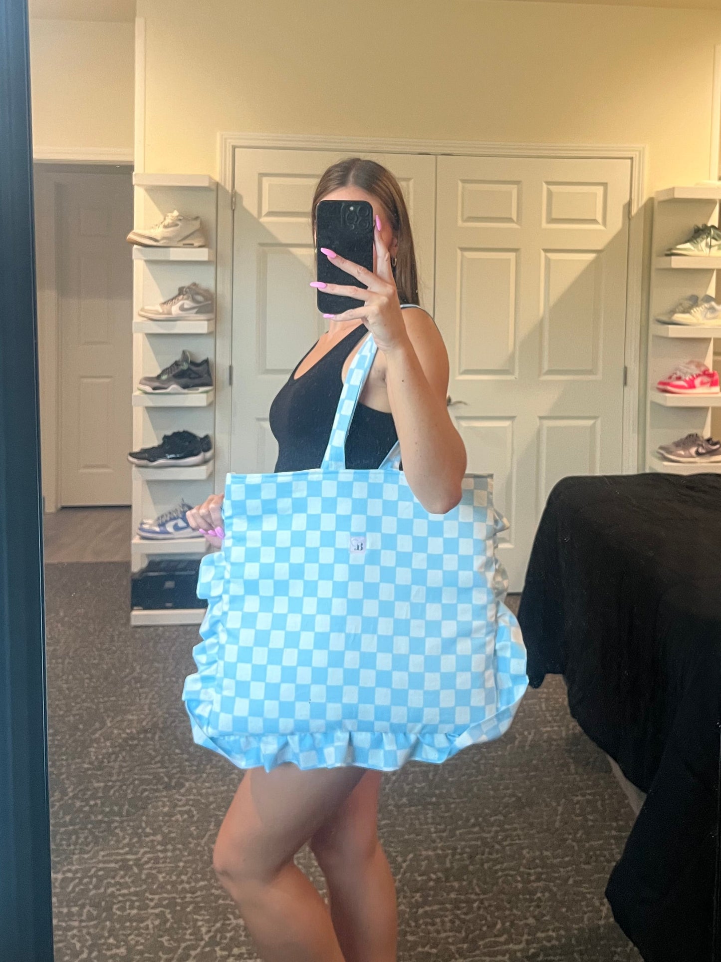 Large Ruffle Tote in Baby Blue Gingham