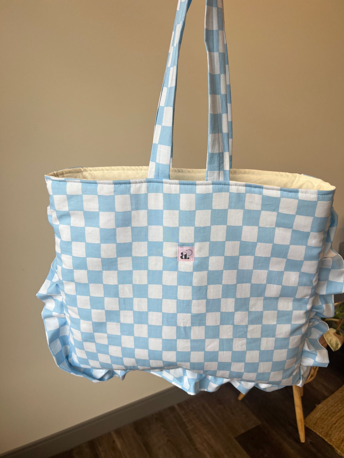 Large Ruffle Tote in Baby Blue Gingham