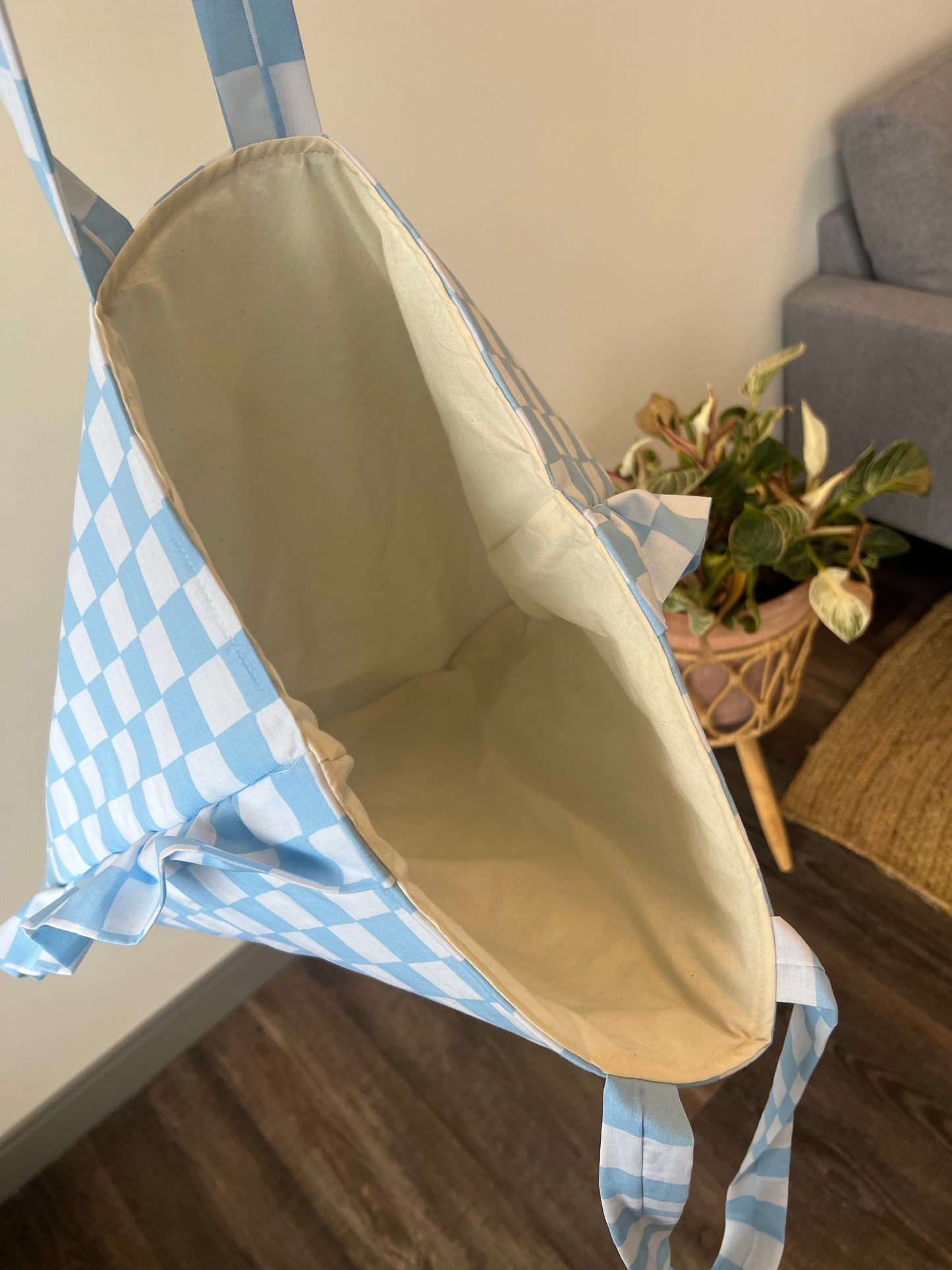 Large Ruffle Tote in Baby Blue Gingham