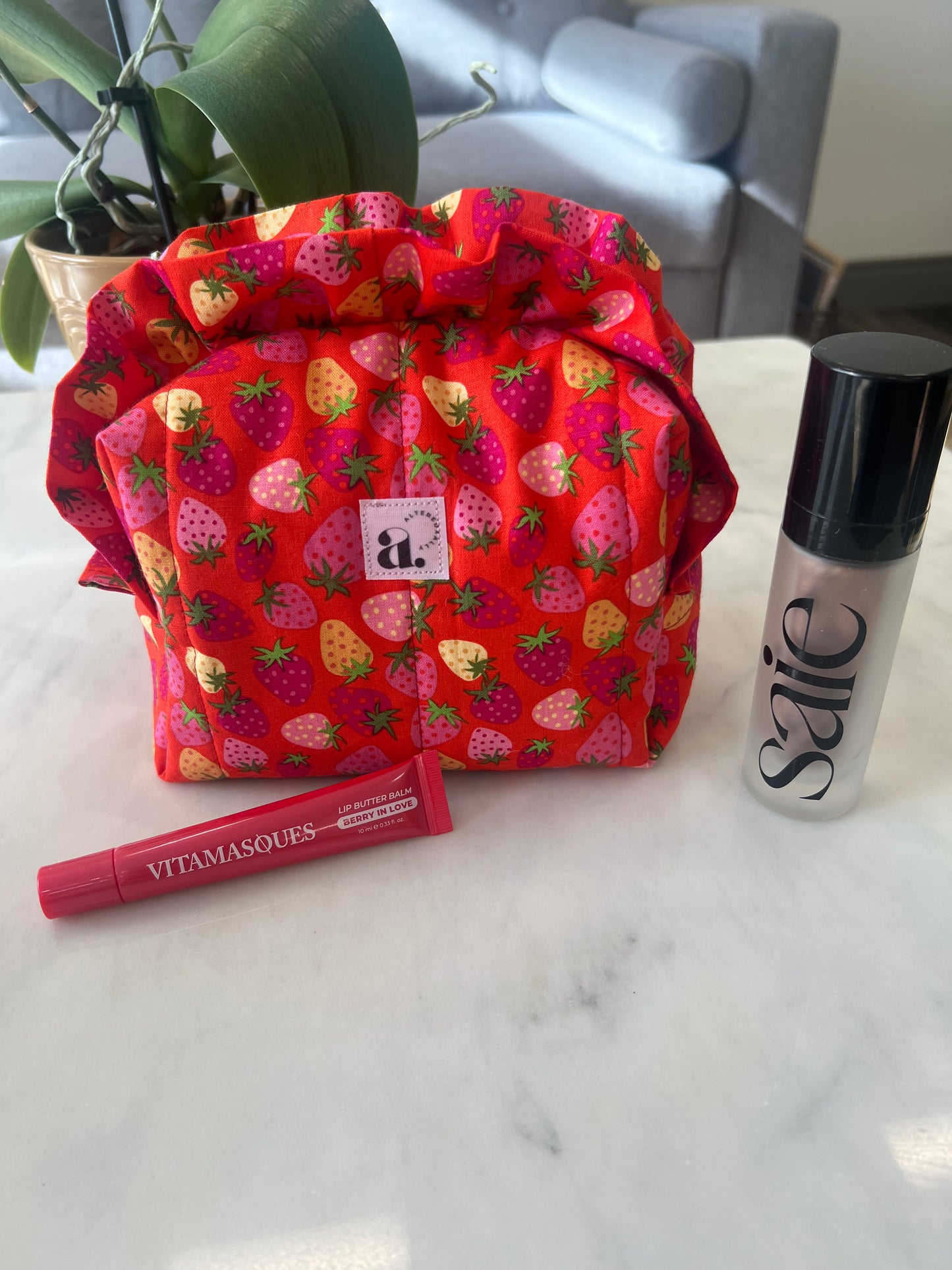 Small Ruffled Makeup Bag in Blush & Berries