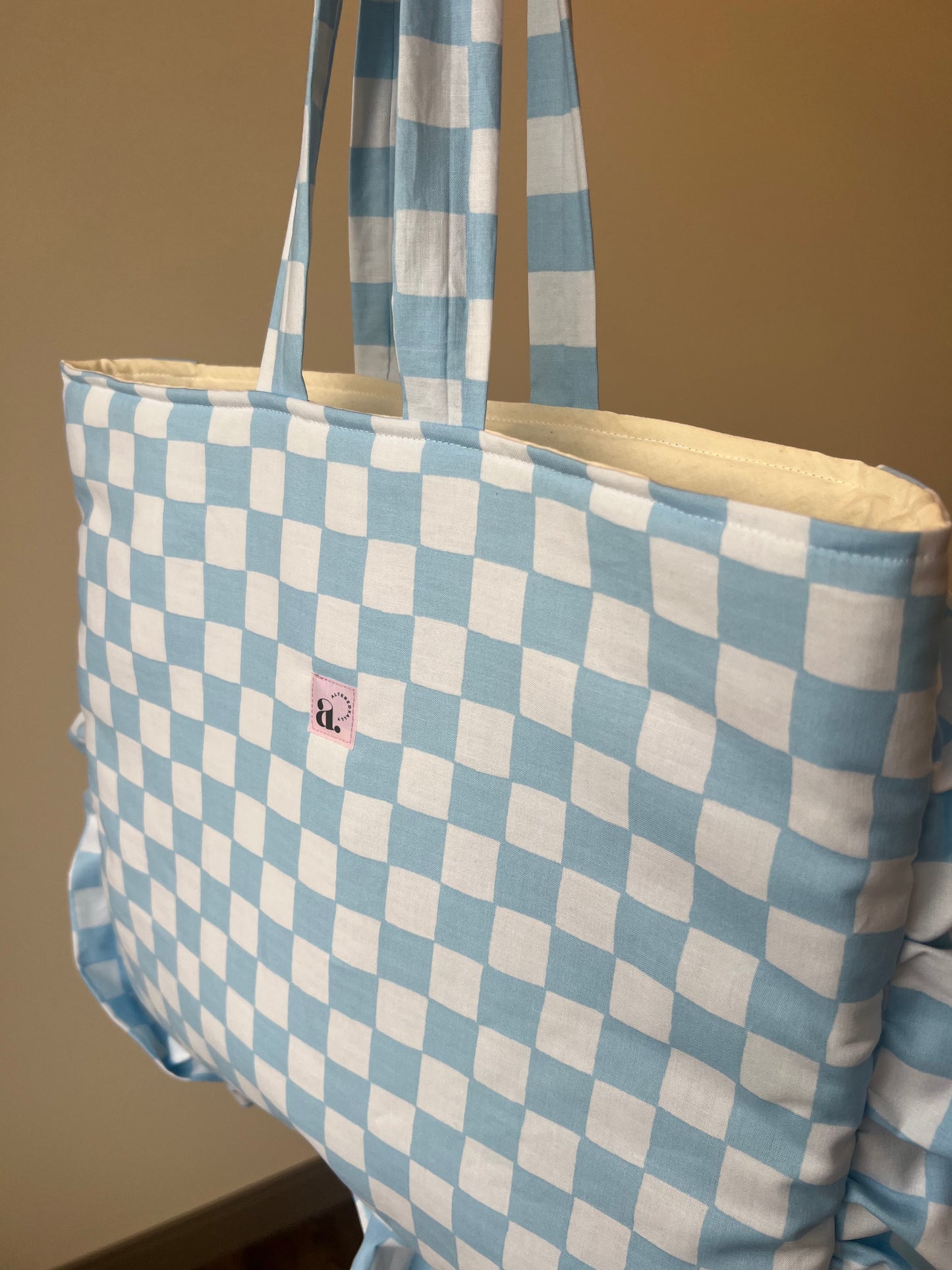 Large Ruffle Tote in Baby Blue Gingham