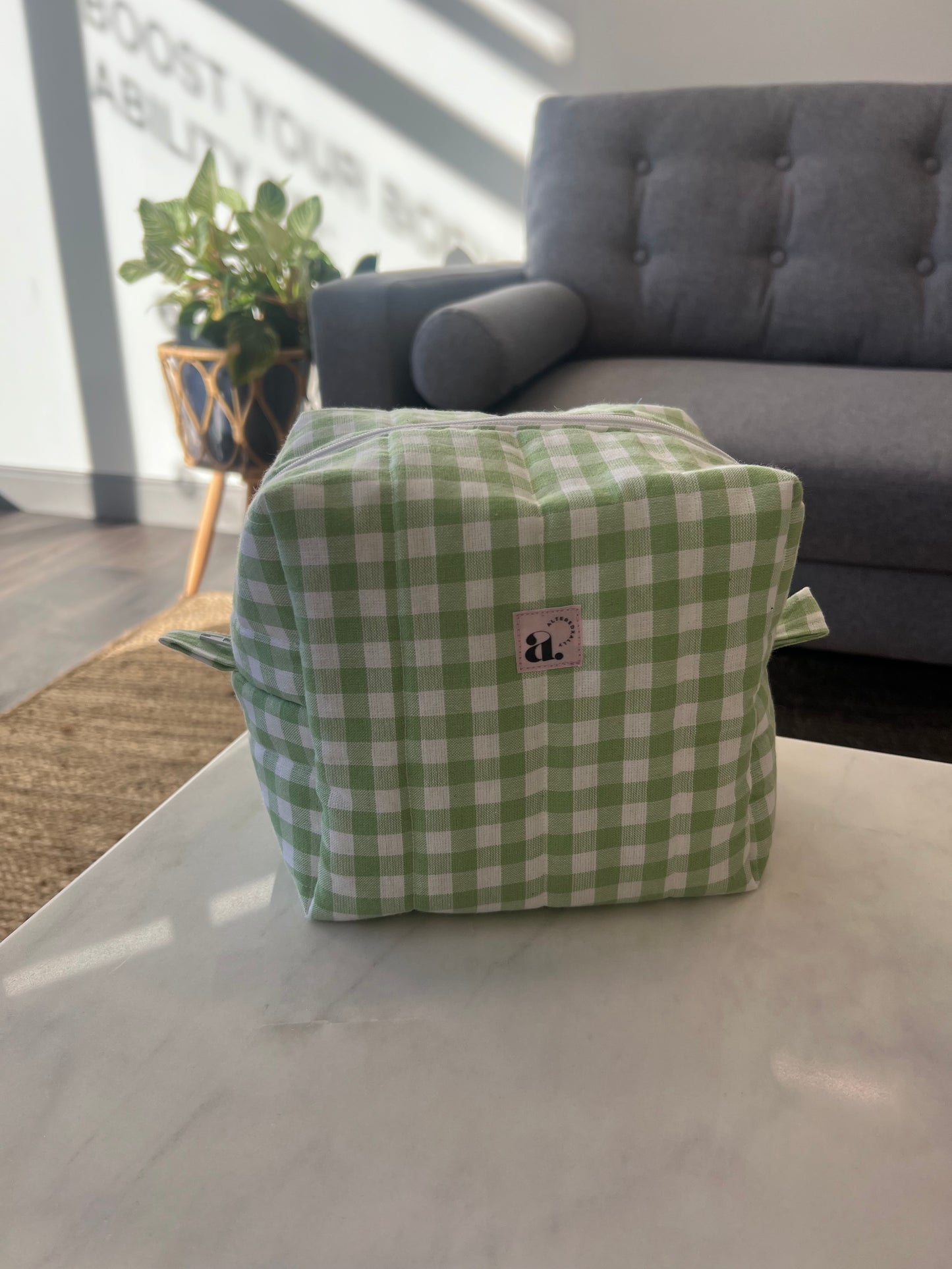 Boxy Makeup Bag in Green Gingham