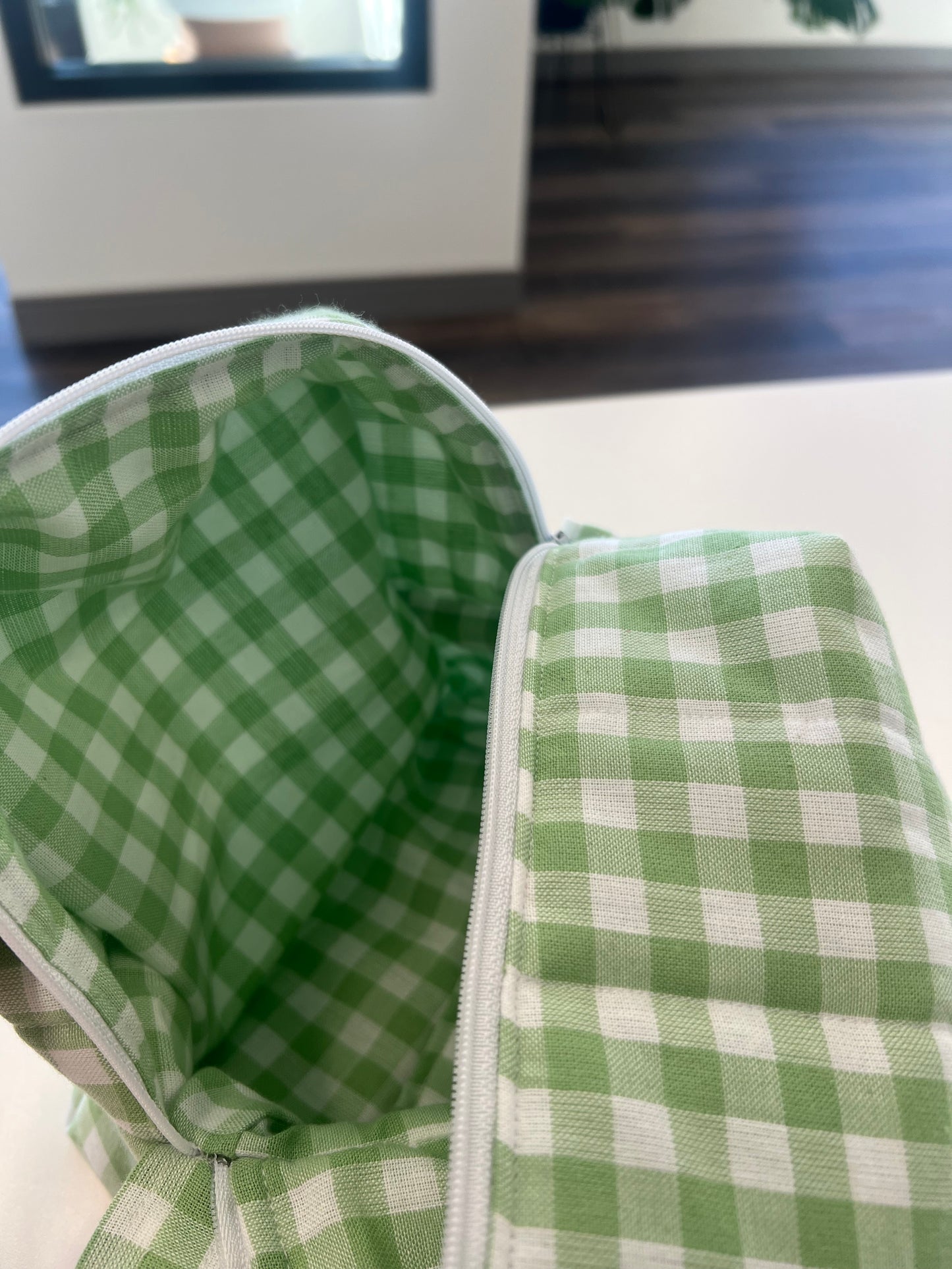 Boxy Makeup Bag in Green Gingham