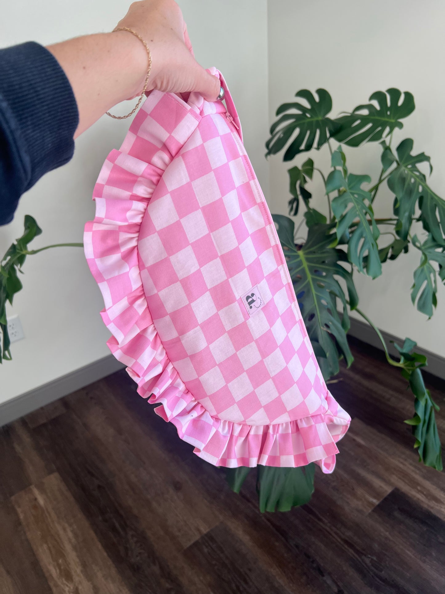 Ruffled Crescent Bag in Bubblegum Check